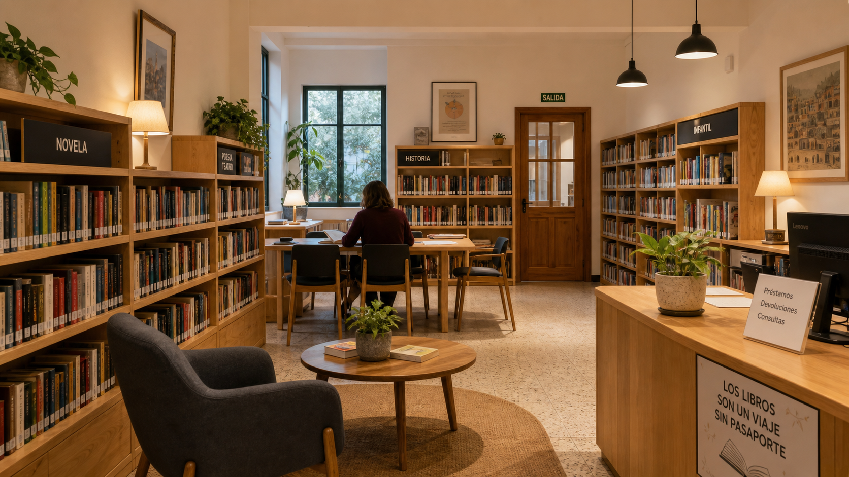 Sala pequeña de biblioteca pública convencional, con estanterías de madera, sillones, mesa de lectura y rótulos por sección temática (Novela, Historia, Infantil).