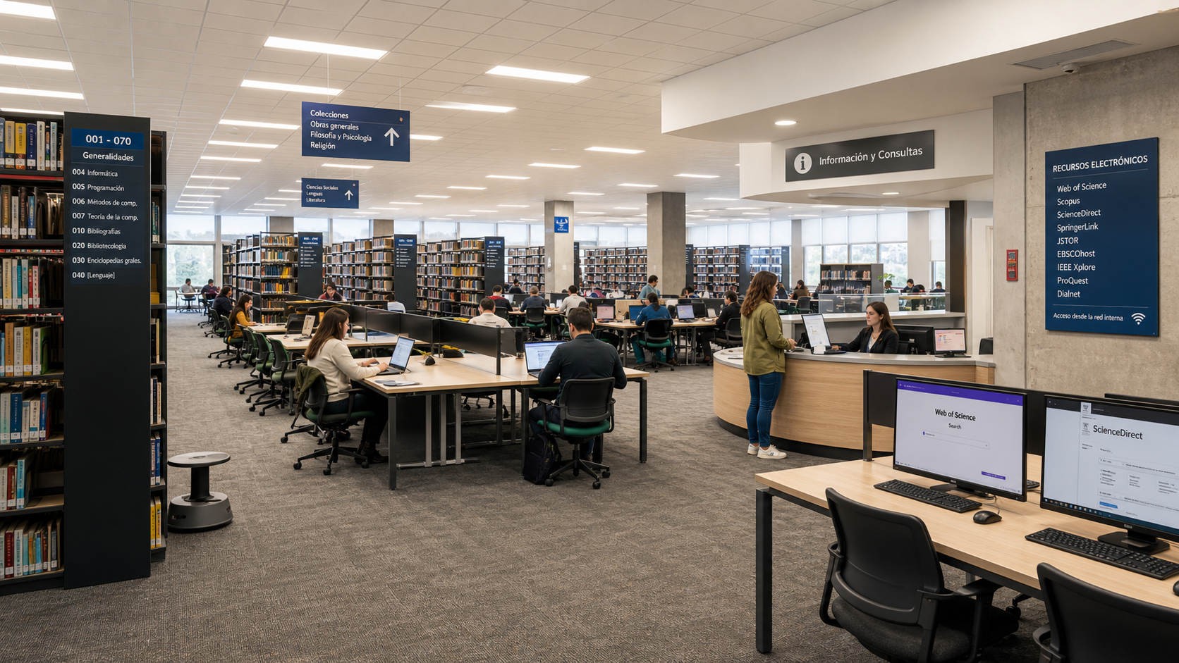 Sala de biblioteca pública contemporánea de mayor escala, con puestos de consulta digital, paneles de bases de datos suscritas y mostrador de información especializada.