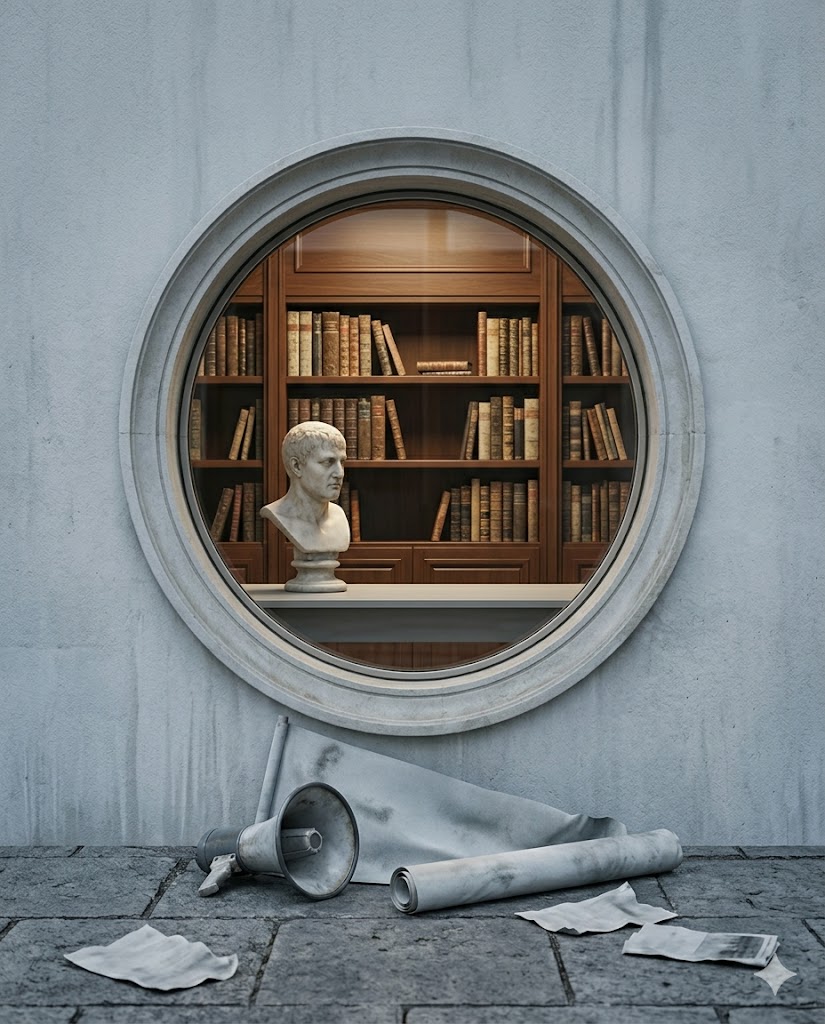A circular oculus window set into a  pale stone wall. Inside, a warm wood-panelled library: dark shelves of aged  hardback volumes, a marble bust on a plain pedestal. Outside, on grey  paving stones at the foot of the wall: a metal megaphone lying on its side,  a rolled paper, several loose sheets scattered across the ground.